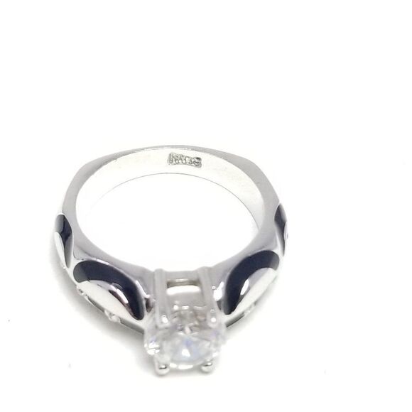 Vintage Rhinestone Solitare Silver Tone Ring with Black Enamel, Unique Design - Picture 6 of 7